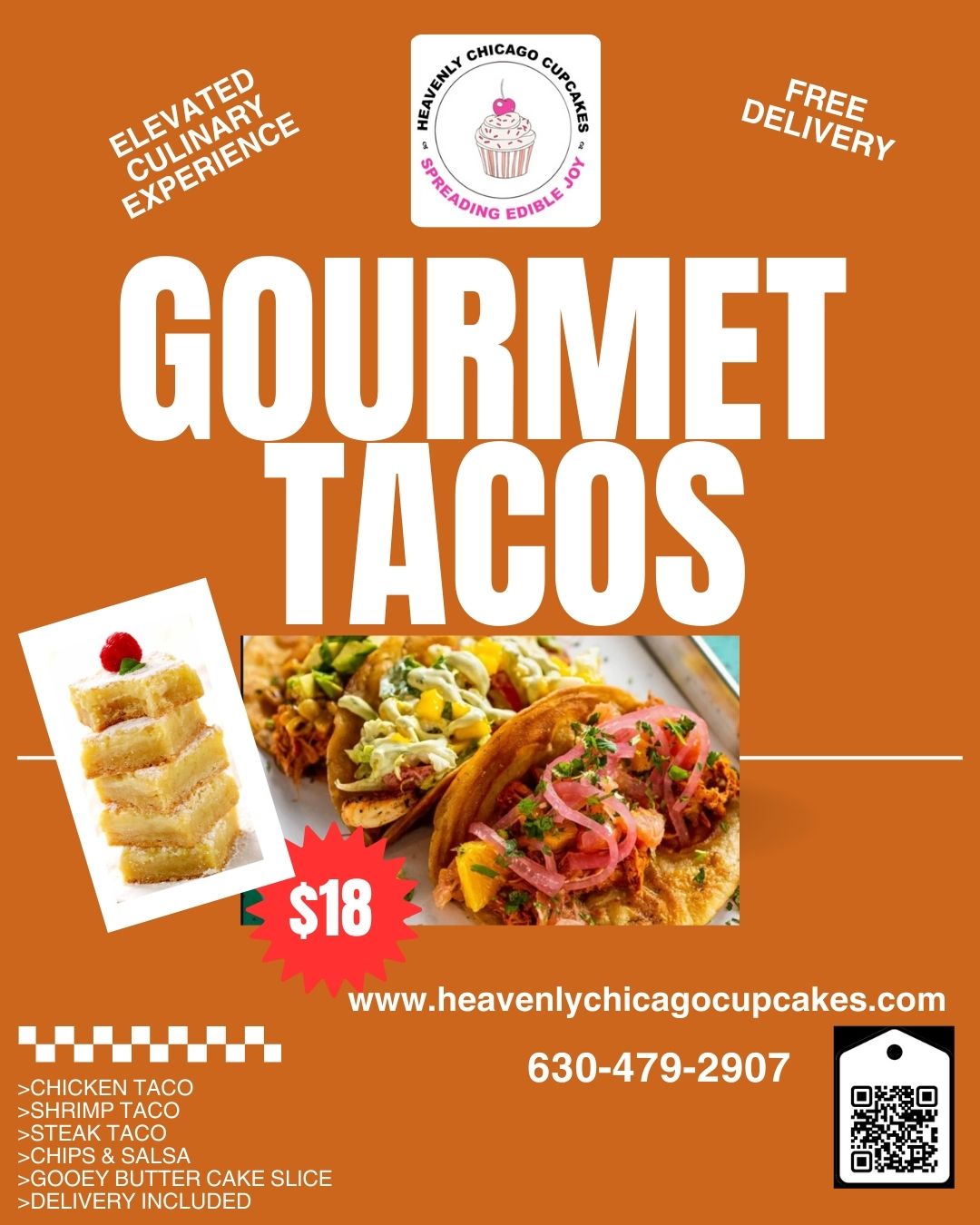 Catering: LUNCH: GOURMET TACO TRIO, CHIPS & SALSA, Gooey Butter Cake Slice